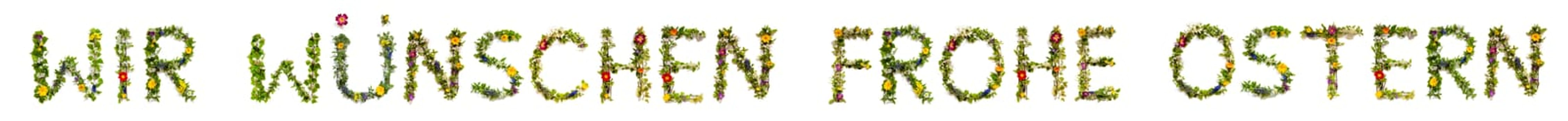 Blooming Flower Letters Building German Frohe Ostern Means Happy Easter. Summer And Spring Season Blossoms And Flower Lei.