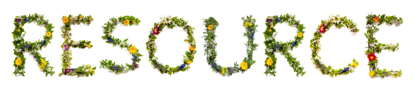 Blooming Flower Letters Building English Word Resource. Summer And Spring Season Blossoms And Flower Lei.
