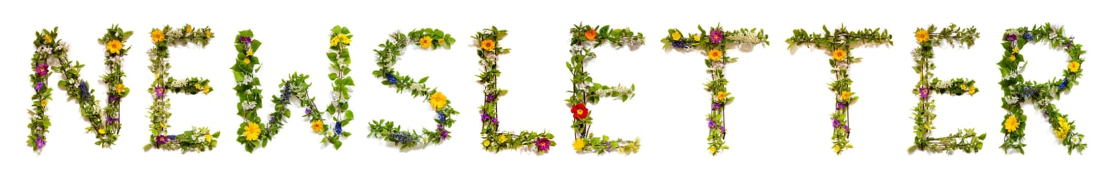 Blooming Flower Letters Building English Word Newsletter. Summer And Spring Season Blossoms And Flower Lei.