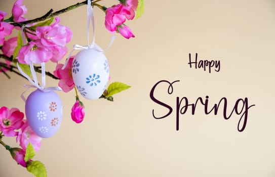 Beautiful Easter Egg Decoration With Spring Flowers. English Text Happy Spring. Seasonal Easter Holiday Greeting Card.