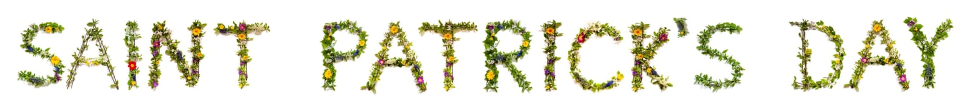 Blooming Flower Letters Building English Text Saint Patricks Day. Summer And Spring Season Blossoms And Flower Lei.