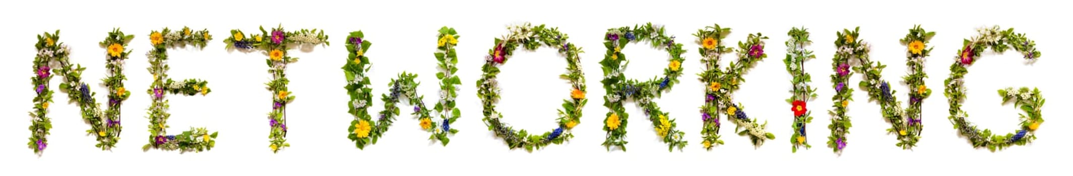 Blooming Flower Letters Building English Word Networking. Summer And Spring Season Blossoms And Flower Lei.