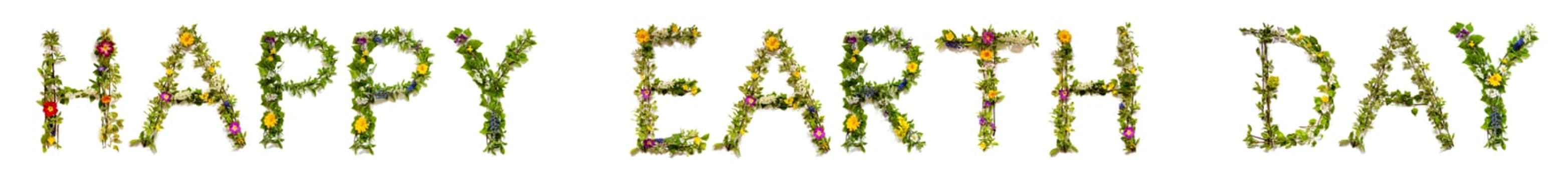Blooming Flower Letters Building English Text Happy Earth Day. Summer And Spring Season Blossoms And Flower Lei.
