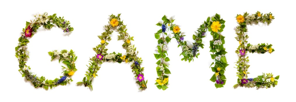 Blooming Flower Letters Building English Word Game. Summer And Spring Season Blossoms And Flower Lei.