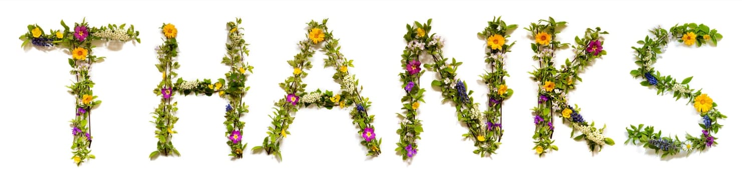 Blooming Flower Letters Building English Word Thanks. Summer And Spring Season Blossoms And Flower Lei.