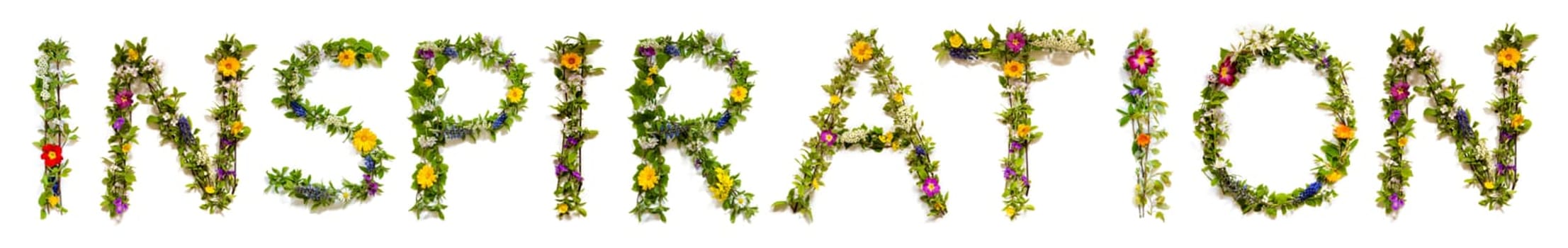 Blooming Flower Letters Building English Word Inspiration. Summer And Spring Season Blossoms And Flower Lei.