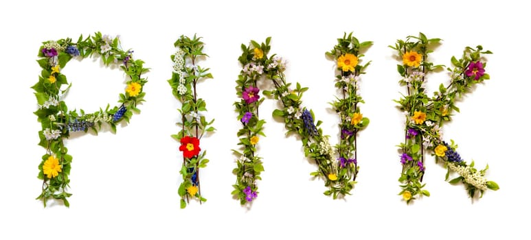 Blooming Flower Letters Building English Word Pink. Summer And Spring Season Blossoms And Flower Lei.