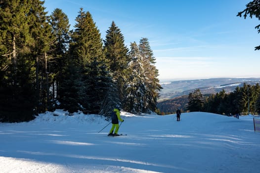 Ski slope on the Wasserkuppe with skiers, with blue sky and trees