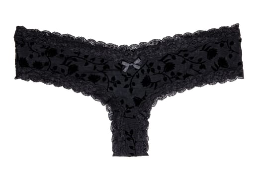 Underwear woman isolated. Close-up of luxurious elegant black lacy thongs panties isolated on a white background. Clipping path. Underwear fashion.