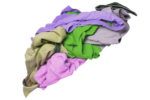 Heap of clothing. Pile or stack of colorful dirty messy clothes ready for the laundry isolated on a white background. Clipping path.