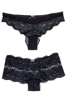 Underwear woman isolated. Collage set of two luxurious elegant black lacy thongs panties isolated on a white background. Clipping path. Underwear fashion.