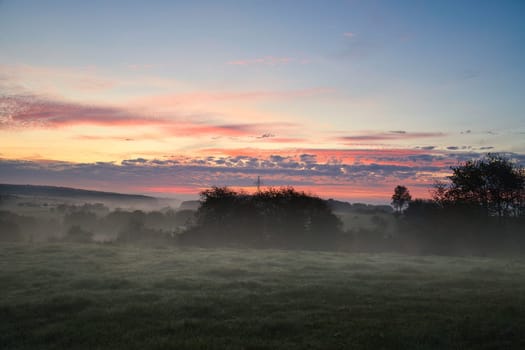 Sunrise over a neighboring forest with meadow in the foreground. Pasture landscape with tree standing alone at dawn. Landscape photo in Saarland