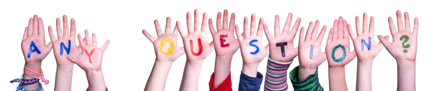 Children Hands Building Colorful English Word Any Question. Isolated White Background.
