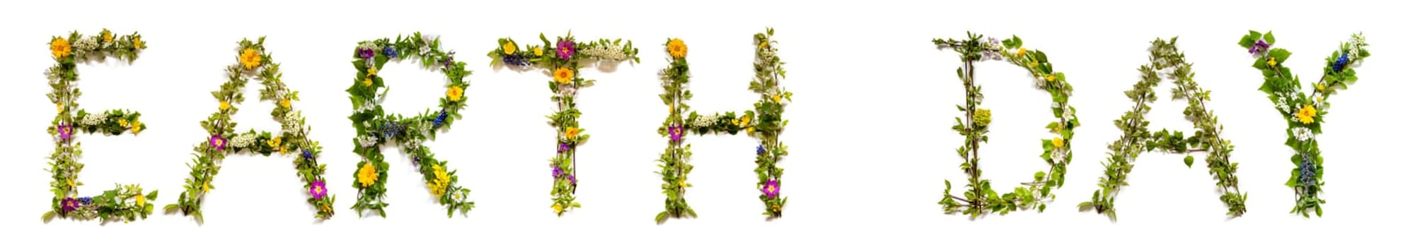 Blooming Flower Letters Building English Text Earth Day. Summer And Spring Season Blossoms And Flower Lei.