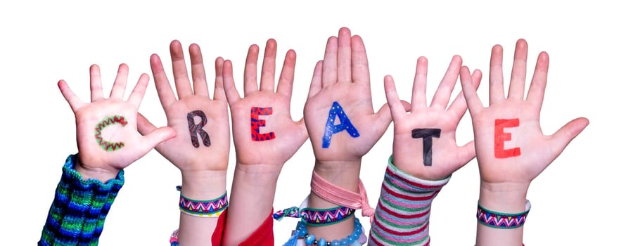 Children Hands Building Colorful English Word Create. Isolated White Background.
