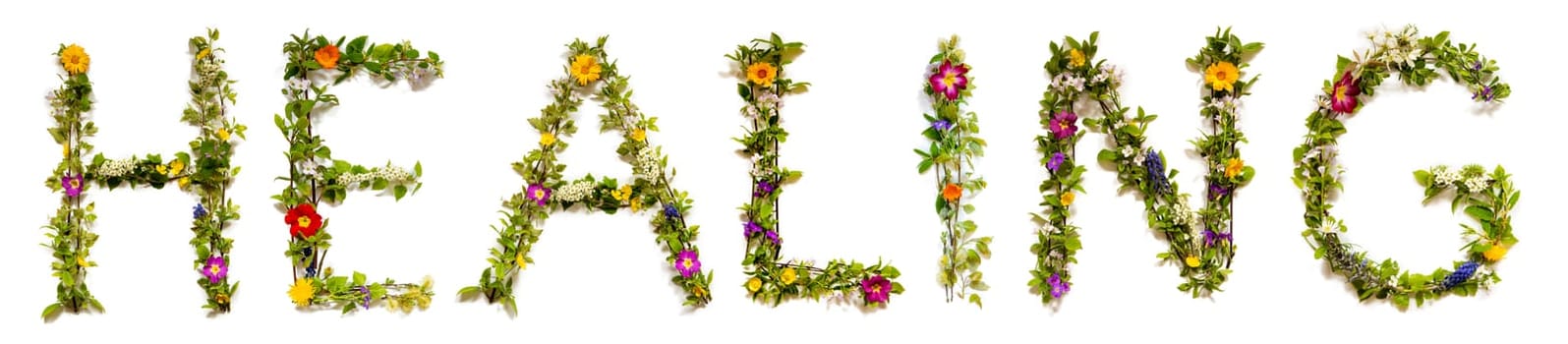 Blooming Flower Letters Building English Word Healing. Summer And Spring Season Blossoms And Flower Lei.