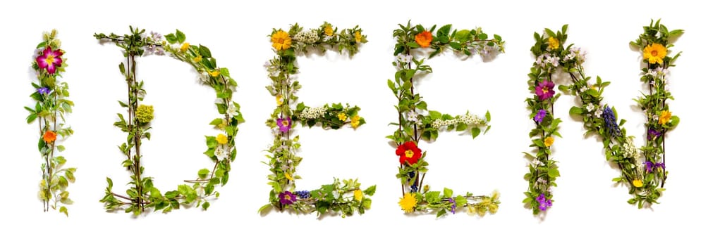 Blooming Flower Letters Building German Word Ideen Means Ideas. Summer And Spring Season Blossoms And Flower Lei.