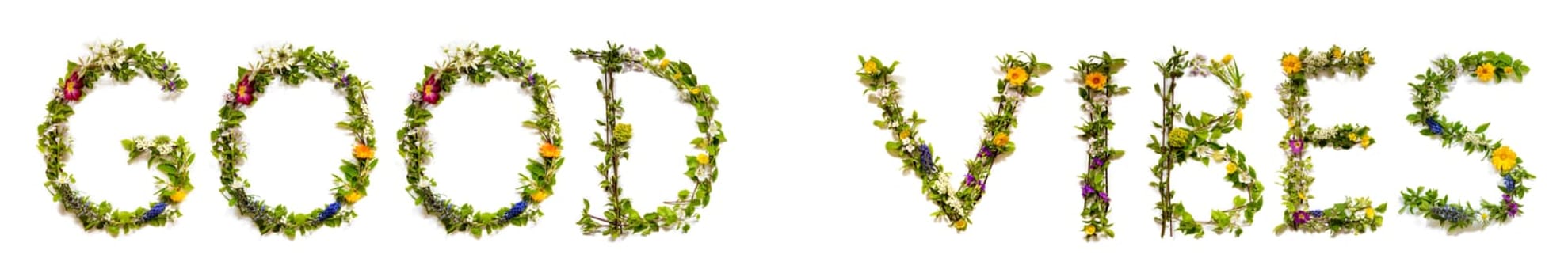 Blooming Flower Letters Building English Text Good Vibes. Summer And Spring Season Blossoms And Flower Lei.