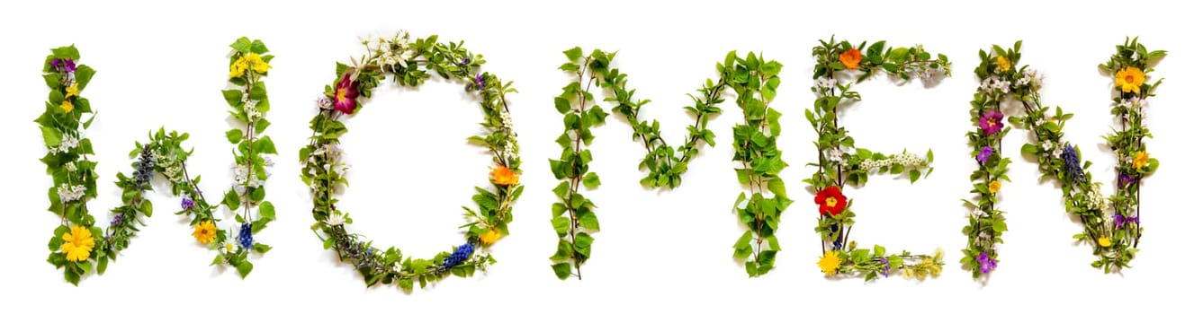 Blooming Flower Letters Building English Word Women. Summer And Spring Season Blossoms And Flower Lei.