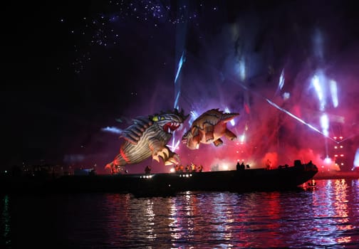 Cracow, Poland - June 4, 2022: Great Dragon Parade. The Great Outdoor Show on the Vistula River.