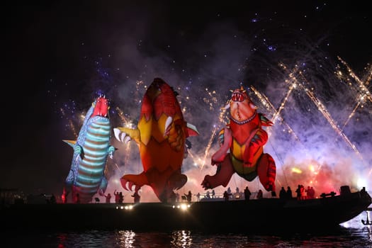 Cracow, Poland - June 4, 2022: Great Dragon Parade. The Great Outdoor Show on the Vistula River.