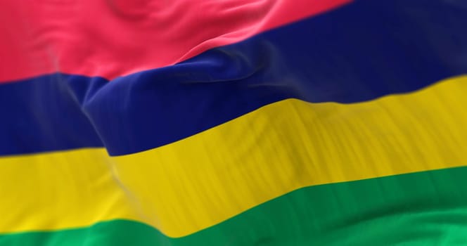 Detail of the Mauritius national flag waving. The colors symbolize the various religions and ethnicities present on the island. 3d illustration render. Selective focus. Close-up. Textured background