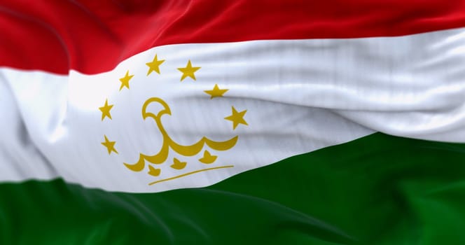 Detail of the Tajikistan national flag waving. Red-white-green stripes with a central crown and seven stars. Fabric textured background. Selective focus. 3D illustration