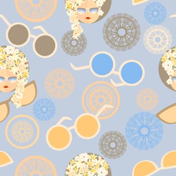 seamless pattern of women's heads with a hairstyle in flowers and sunglasses