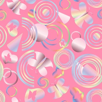 seamless pattern with multicolored hearts, circles and butterflies without a background, made with a gradient