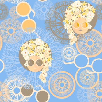 seamless pattern of women's heads with a hairstyle in flowers and sunglasses