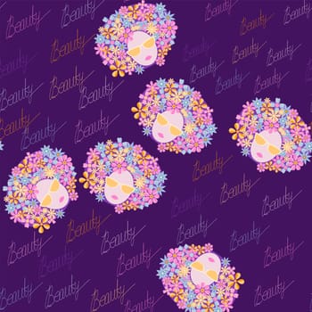 seamless pattern of women s heads with a hairstyle in flowers and sunglasses