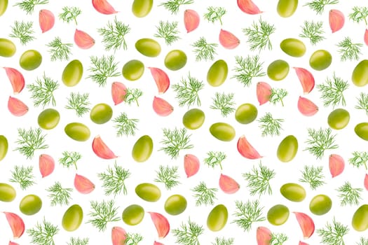 Creative levitation pattern with olives, garlic and dill. Selective focus. Isolated fruit. Packaging texture concept. Banner image for package design.
