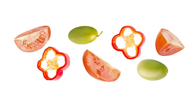 Isolated vegetables banner. Green olives, red tomatoes and peppers with clipping path on white background. Flat lay. Full death of field.Set or collection.