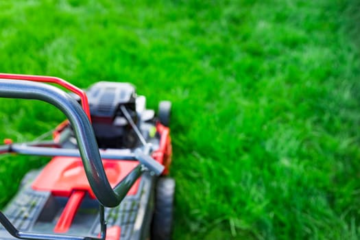 Lawn mower cutting green grass in backyard, mowing lawn
