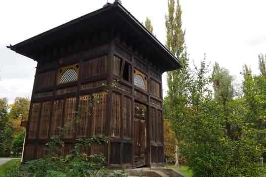 Banja Koviljaca, Serbia, Guchevo, Loznica, September 30, 2022. Rehabilitation center with sulfur and iron mineral waters. An old wooden house above a healing sulfur spring. Banja Koviljacha