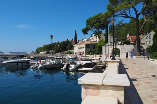 Meljine, Herceg Novi, Montenegro, August 13 2022 Boats, yachts and ships are at anchor. Moored ships in the parking lot. Adriatic Sea Mediterranean. Travel business. Sea travel and sports. Summertime
