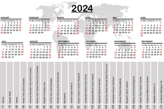 2024 calendar with world map and time zones