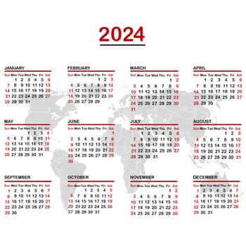 2024 calendar with world map