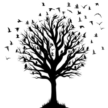 Abstract tree silhouette with flock of birds flying