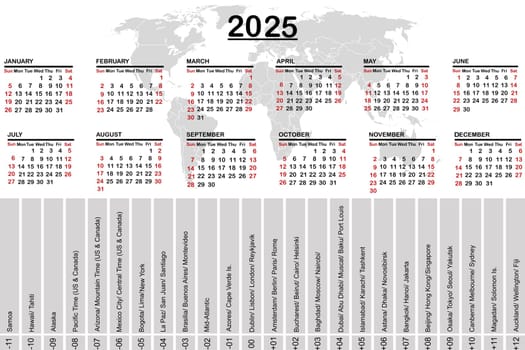 2025 calendar with world map and time zones
