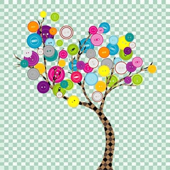 Abstract tree with textile trunk and leaves made of buttons