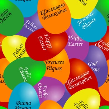 Colored eggs with the message Happy Easter in different languages
