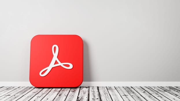 Adobe Acrobat App Icon 3D Symbol Shape on Wooden Floor Against Gray Wall with Copy Space 3D Render Illustration