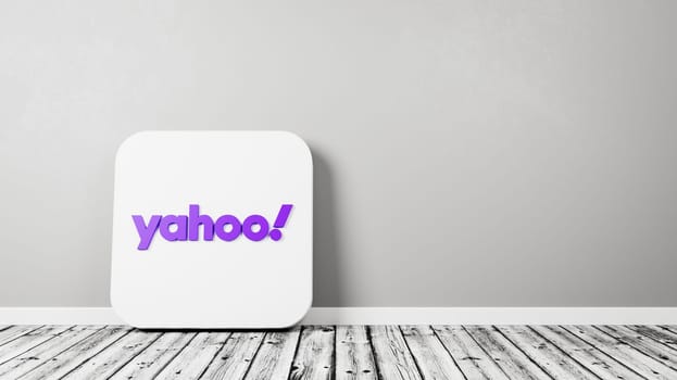Yahoo App Icon 3D Symbol Shape on Wooden Floor Against Gray Wall with Copy Space 3D Render Illustration