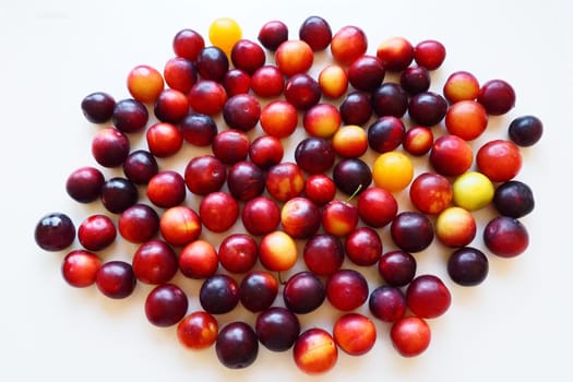 Cherry plum on a white background. A yellow-red cherry plum mix just removed from a tree. Delicious fresh plum berries. Appetizing large cherry plum for sale catalog. Food on a white background.