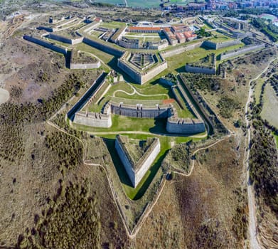Sant Ferran Castle, Bulwark of Santa Tecla, Figueres, Girona Spain. Cylindrical panoramic aerial view of 2 shots