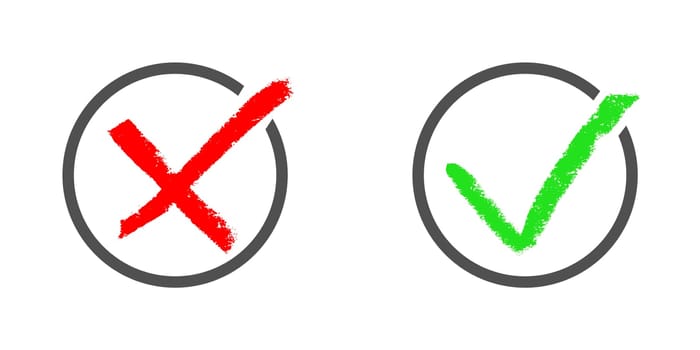 Hand drawn green tick and red x in circle - Check or voting icons