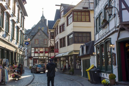 MONSCHAU, GERMANY - SEPTEMBER 22, 2020: small town Monschau with unidentified people. The historic town center has many half-timbered houses and narrow streets remained nearly unchanged for 300 years