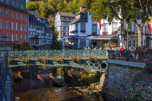 MONSCHAU, GERMANY - SEPTEMBER 22, 2020: small town Monschau with unidentified people. The historic town center has many half-timbered houses and narrow streets remained nearly unchanged for 300 years