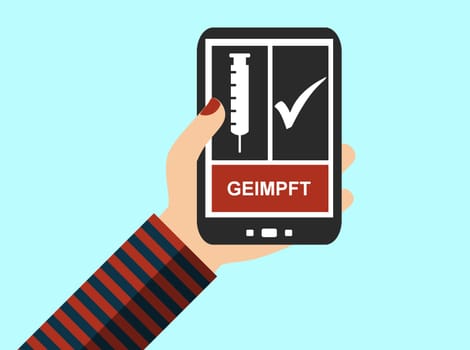 Flat Design Banner: Smartphone showing vaccinated in german language